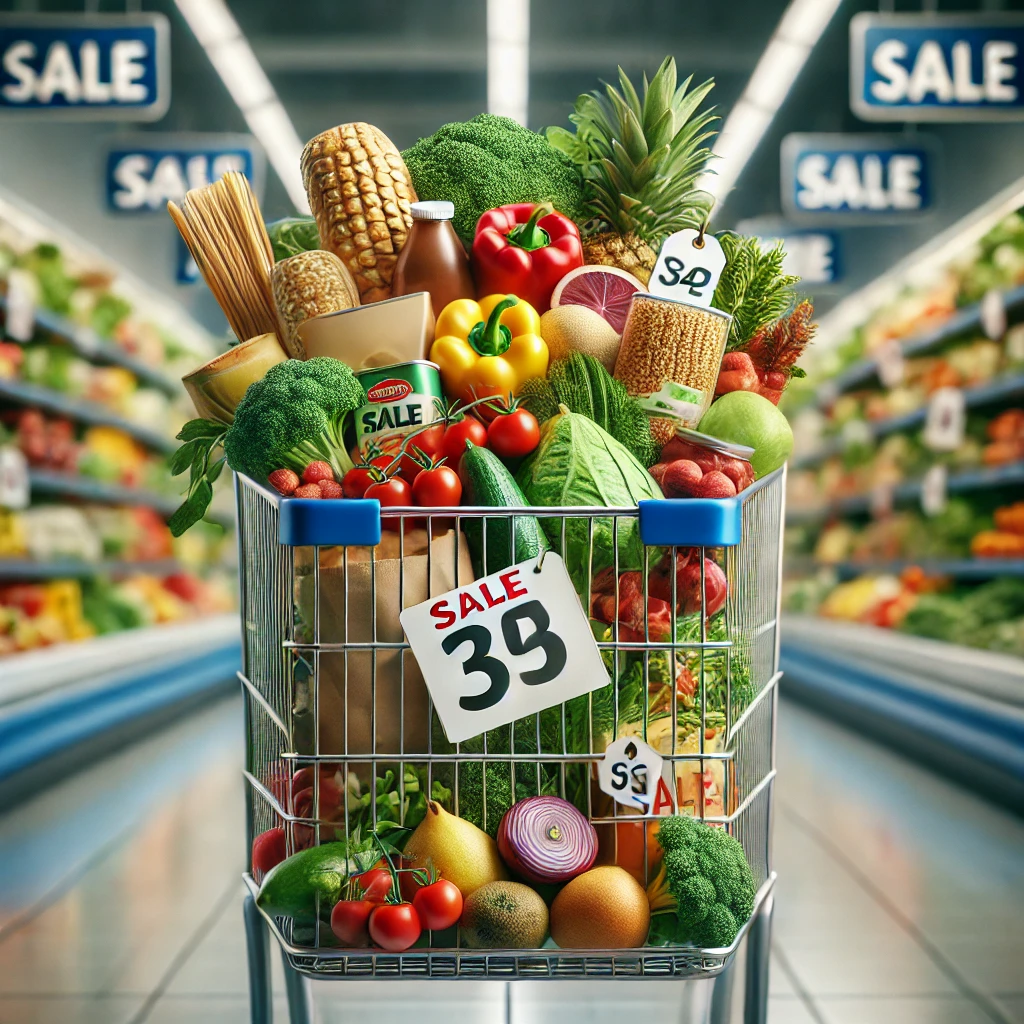 grocery shopping cart filled with colorful fruits and vegatables